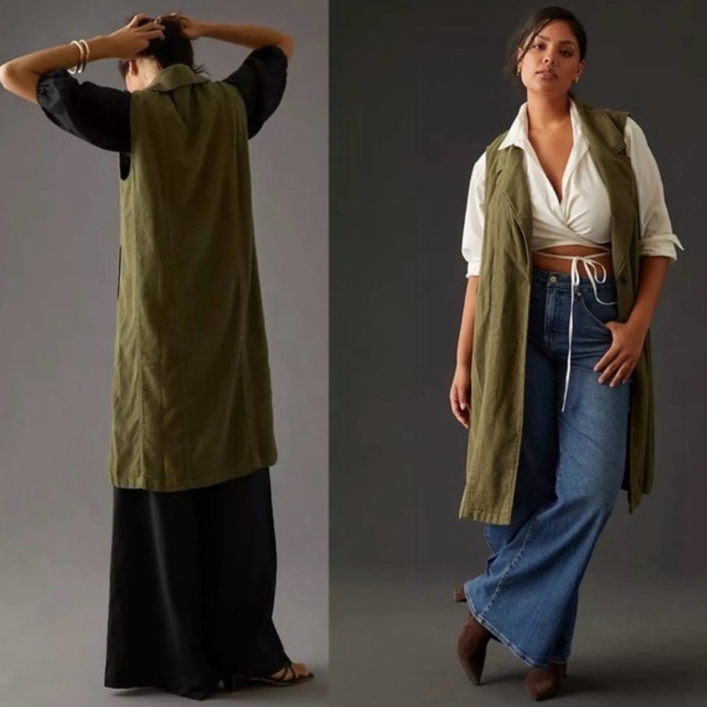 Anthropologie by Anthropologie Long Line Vest Size Small Olive Green Linen